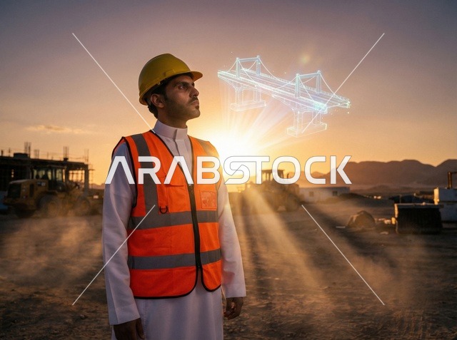 مهندس سعودي في موقع بناء مع هولوجرام جسر