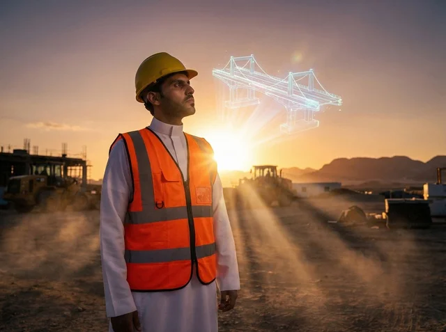 Saudi Engineer at Construction Site with Bridge Hologram