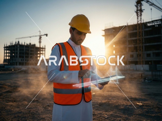 Saudi Engineer at Construction Site with Bridge Hologram