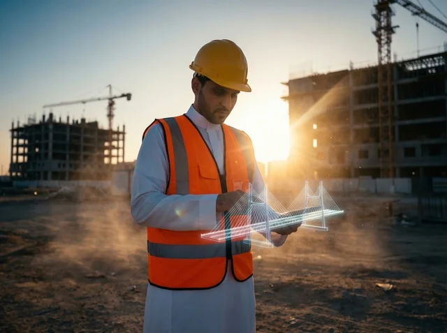 مهندس سعودي في موقع بناء مع صورة مجسمة لجسر
