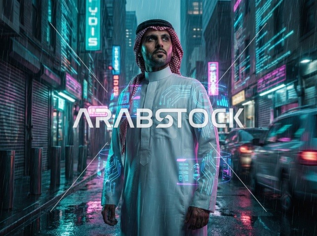 مهندس سعودي في مدينة رقمية مستقبلية بأسلوب السايبربانك
