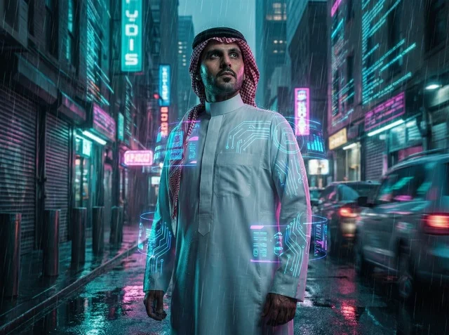 Saudi Engineer in Futuristic Cyberpunk Digital City