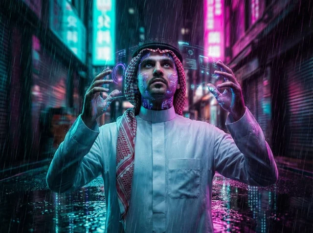 Saudi Man with Futuristic Hologram in Neon Urban Night