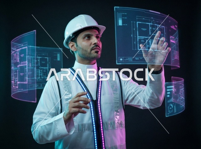 مهندس سعودي يتفاعل مع مخططات هندسية افتراضية