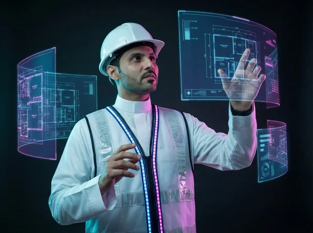 Saudi Engineer Interacting with Holographic Blueprints