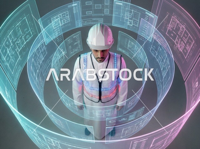 مهندس سعودي مع مخططات هولوغرافية وتقنيات حديثة