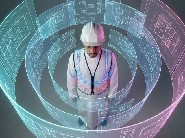 Saudi Engineer with Holographic Blueprints and Technology
