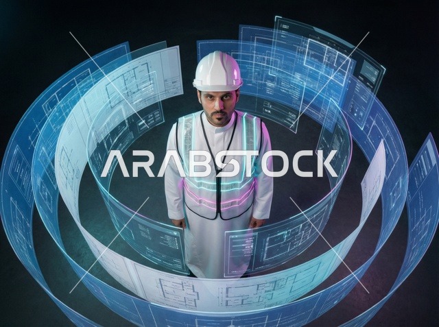مهندس سعودي مع مخططات هولوغرافية وتقنيات مستقبلية