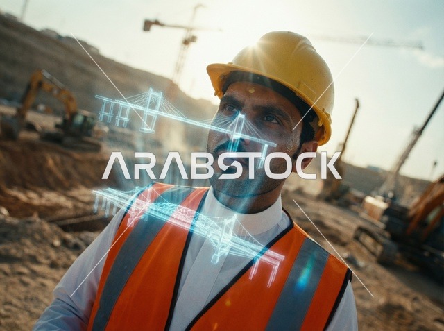 مهندس سعودي مع مخطط هولوغرام في موقع بناء نشط