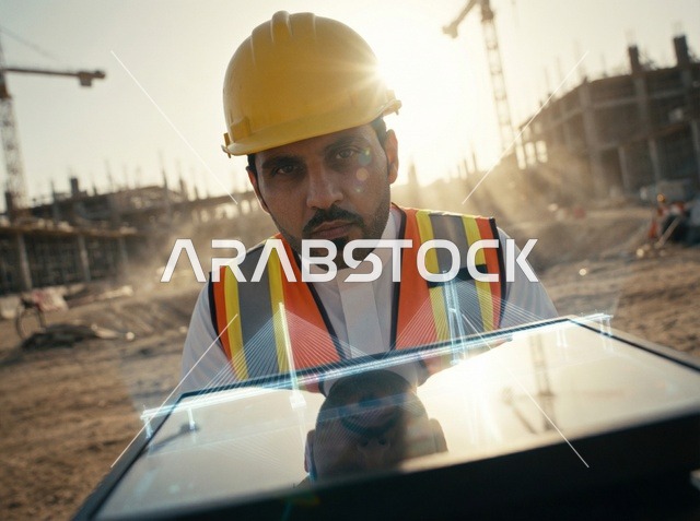 Saudi Engineer with Digital Hologram on Construction Site
