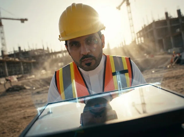 Saudi Engineer with Digital Hologram on Construction Site
