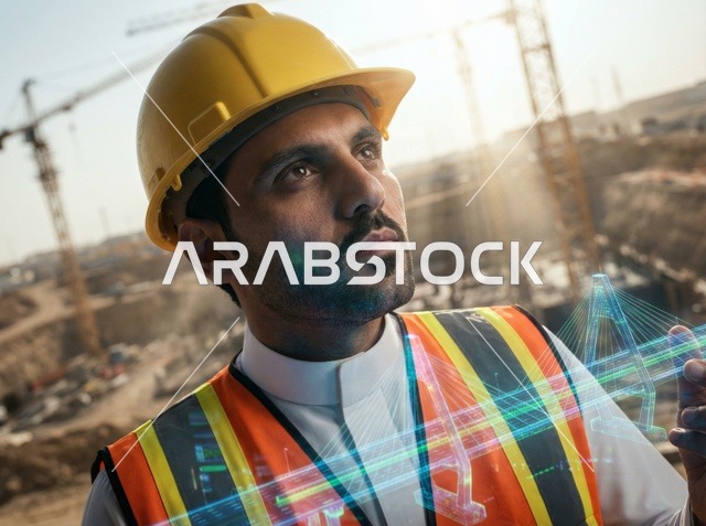 Saudi Engineer at Construction Site with Digital Hologram