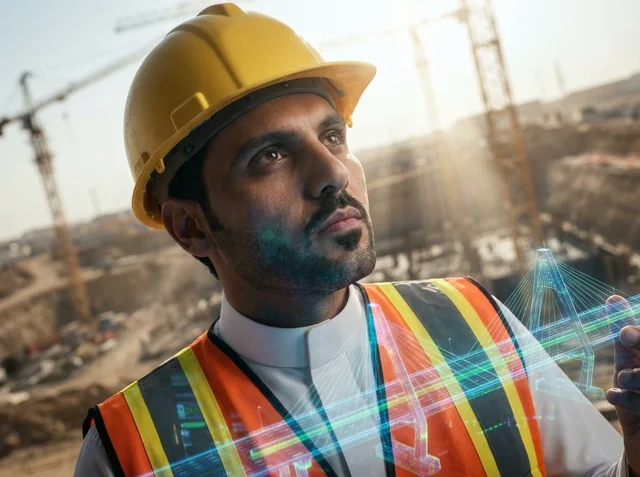 Saudi Engineer at Construction Site with Digital Hologram