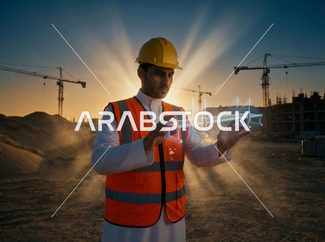 مهندس سعودي في موقع بناء مع هولوغرام