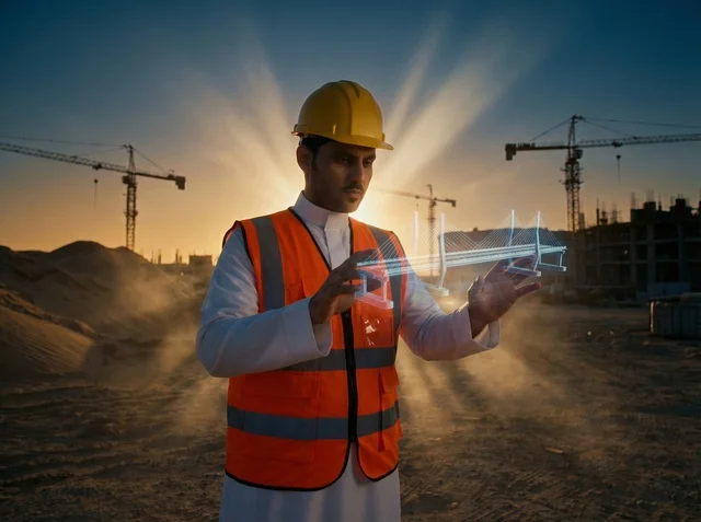 Saudi Engineer at Construction Site with Hologram