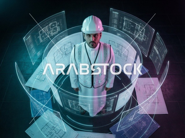 مهندس سعودي مع مخططات هندسية رقمية هولوجرام