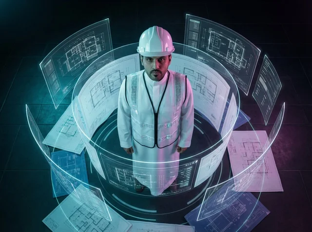 Saudi Engineer With Holographic Architectural Blueprint