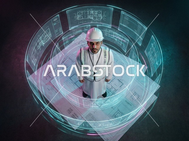 مهندس سعودي مع مخططات معمارية رقمية متطورة