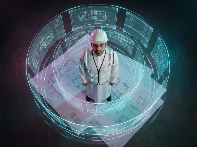 Saudi Engineer with Holographic Architectural Blueprints