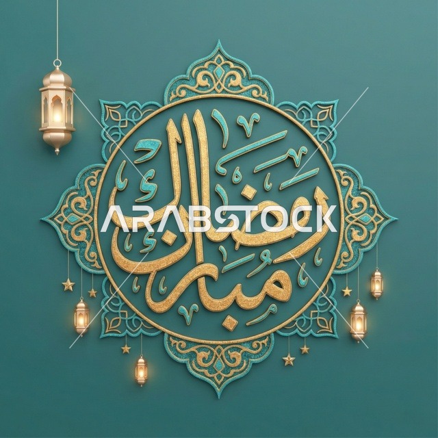 مخطوطة رمضان مبارك ذهبية مع فوانيس وزخارف