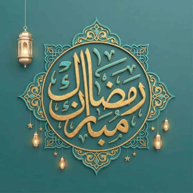 3D Gold Ramadan Mubarak Calligraphy with Lanterns