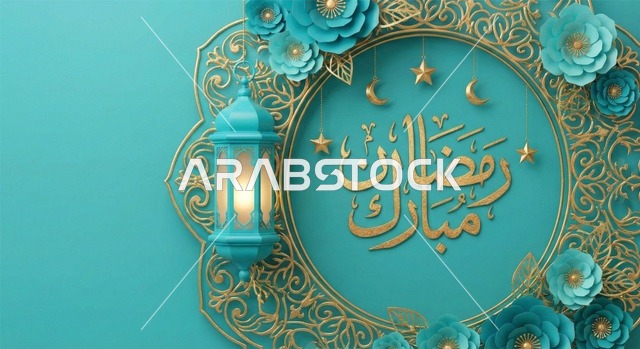 خلفية رمضان مبارك ثلاثية الأبعاد باللون الفيروزي والذهبي