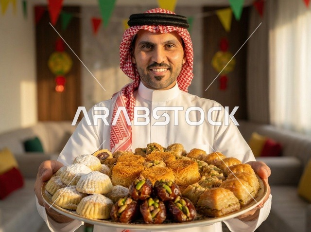 Saudi Man with Traditional Eid Sweets in Saudi Arabia