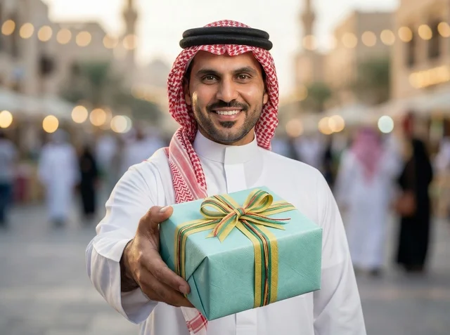 Saudi Man Holding Eid Gift in Public Square