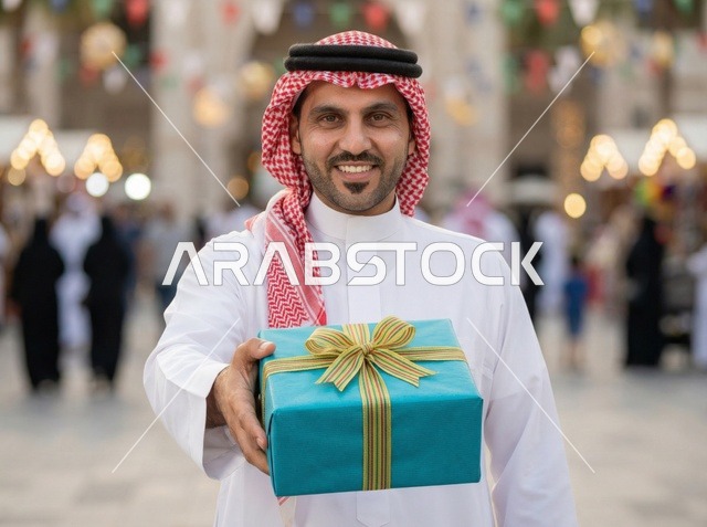 رجل سعودي يحمل هدية خلال احتفالات العيد في السعودية