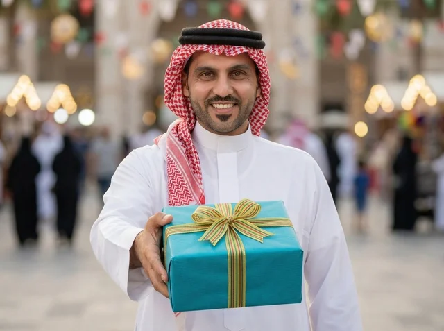 Saudi Man Holding Gift Box during Eid in Saudi Arabia
