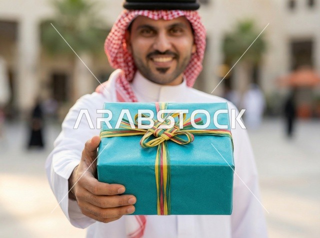 Saudi Man Holding Eid Gift Box in Saudi Arabia