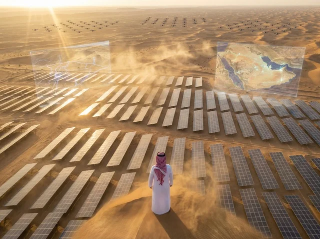 Saudi Engineer at Solar Panel Farm with Hologram