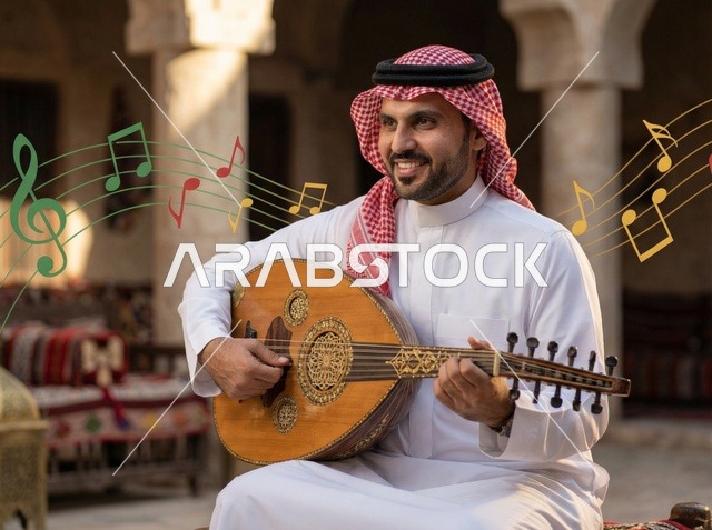 Saudi Man Playing Oud Music during Eid Celebration