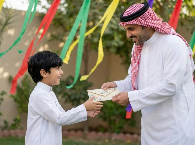 Saudi Man Giving Eidiya to Boy in Saudi Arabia