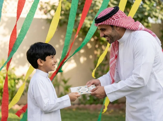 Saudi Man Giving Eid Gift Envelope to Boy Outdoors