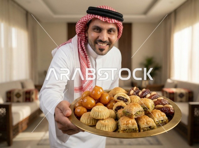 رجل سعودي يقدم ضيافة حلويات العيد التقليدية