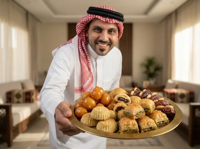 Saudi Man Holding Traditional Eid Sweets Tray