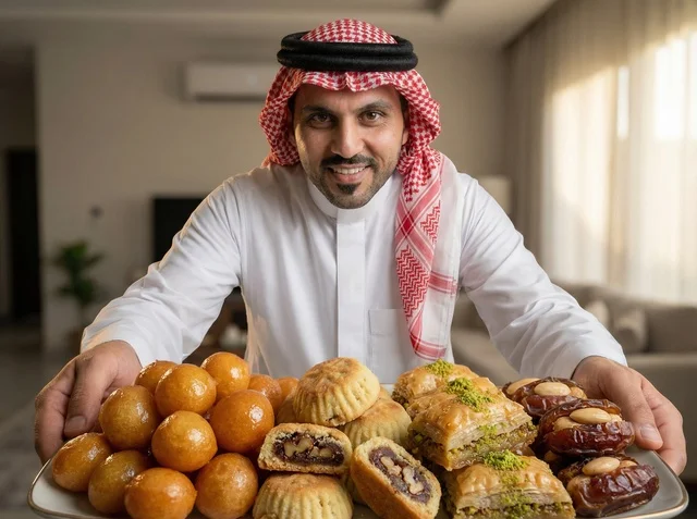 Saudi Man with Traditional Eid Sweets Tray