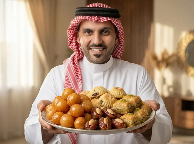 Saudi Man Holding Arabic Sweets During Eid Celebration