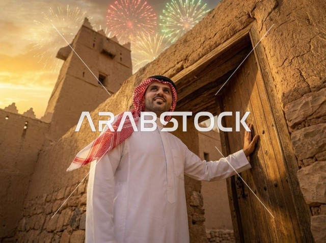 Saudi Man at Heritage Village with Eid Fireworks