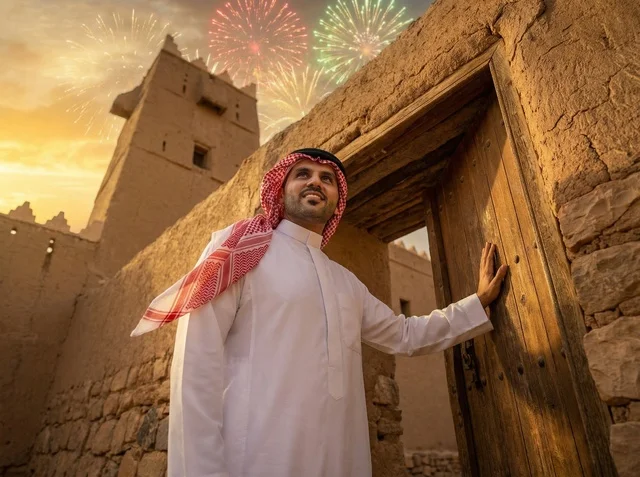 Saudi Man at Heritage Village with Eid Fireworks