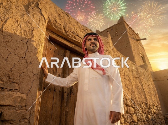 Saudi Man at Heritage Site with Eid Fireworks