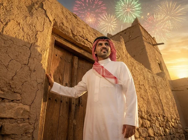 Saudi Man at Heritage Site with Eid Fireworks