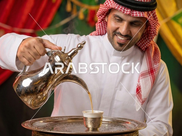 Saudi Man Pouring Arabic Coffee during Eid Celebration