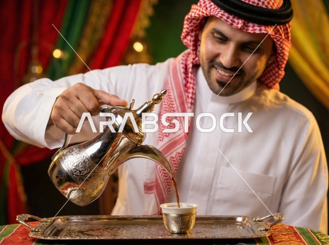 Saudi Man Pouring Arabic Coffee During Eid Celebration