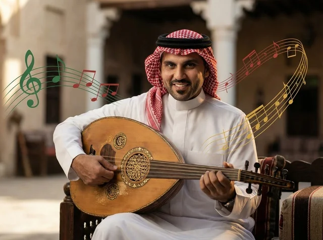 Saudi Man Playing Oud During Eid Celebration