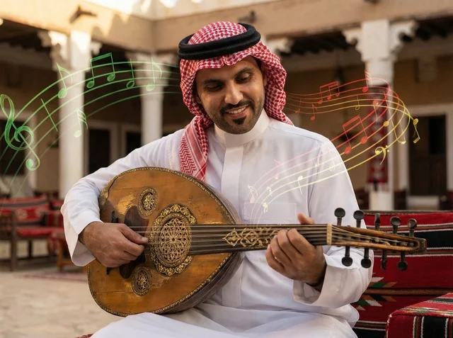 Saudi Man Playing Oud During Eid Celebration Saudi Arabia