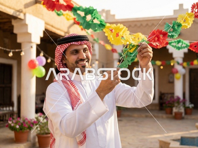 Saudi Man Hanging Eid Decorations in Traditional Courtyard