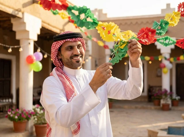 Saudi Man Hanging Eid Decorations in Traditional Courtyard