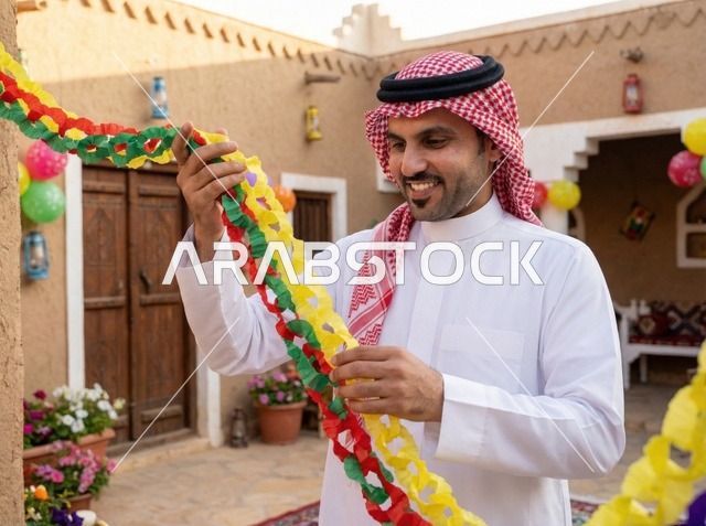 Saudi Man Hanging Eid Decorations at Heritage House